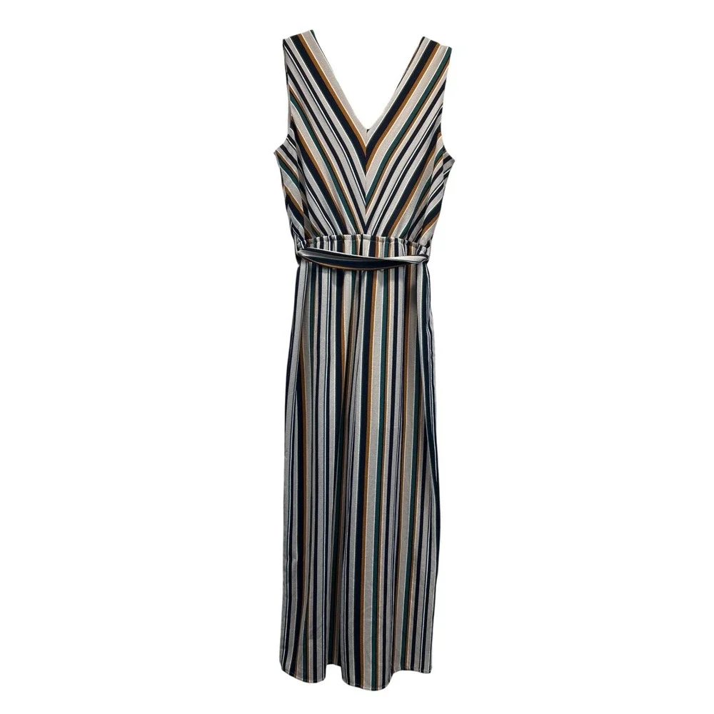 Maurices Jumpsuit‎ Womens M Neutral Colors Striped Wide Leg Wrap V-Neck Belted